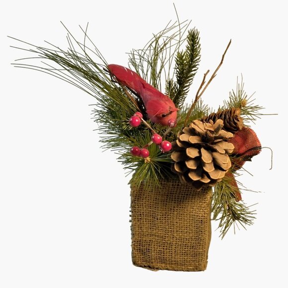 Rustic Burlap Christmas Evergreen Centerpiece Cardinal Pinecones Winter Decor - Picture 8 of 11